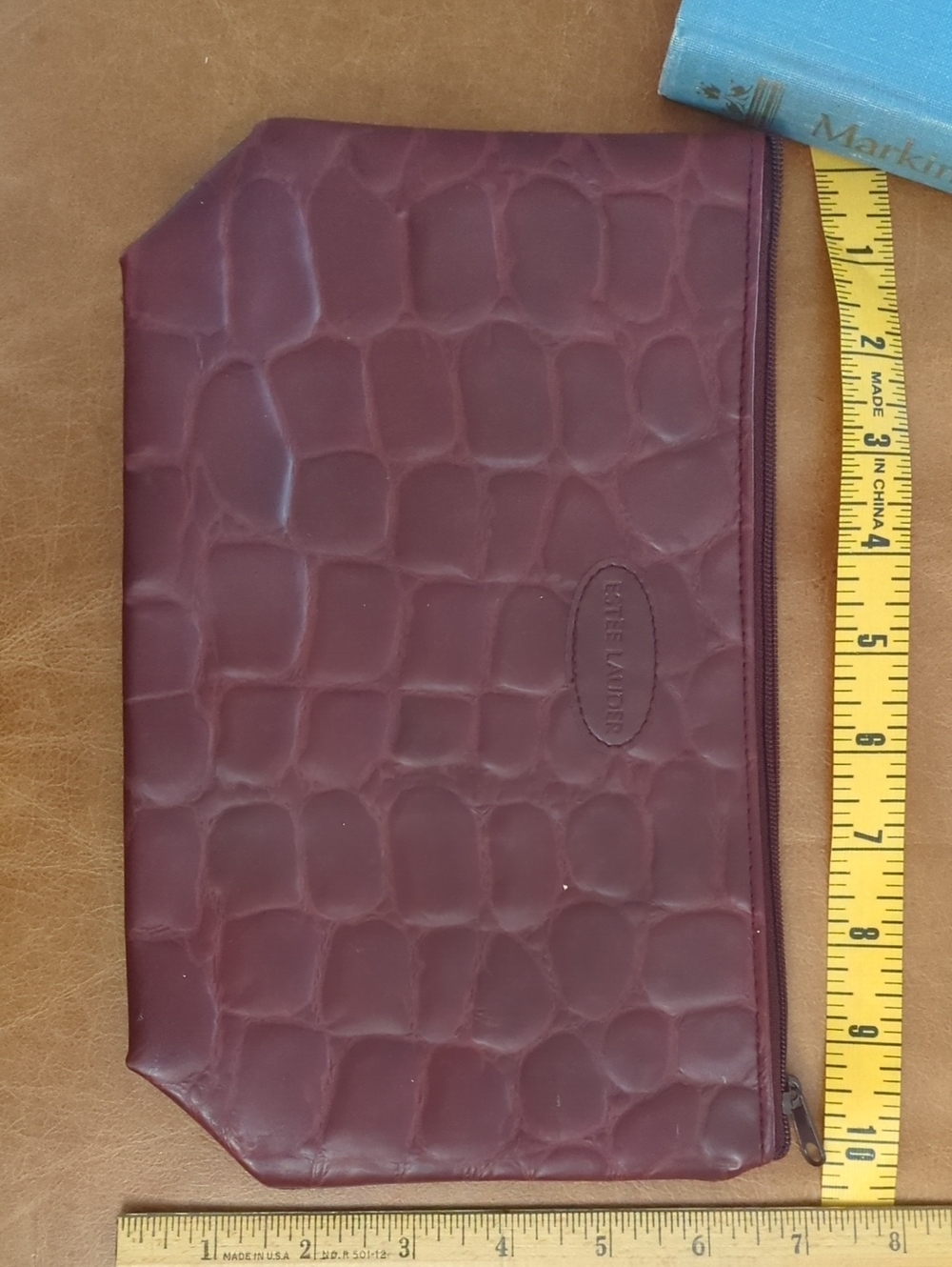 Estee Lauder Leather Zipper Pouch in Burgundy -